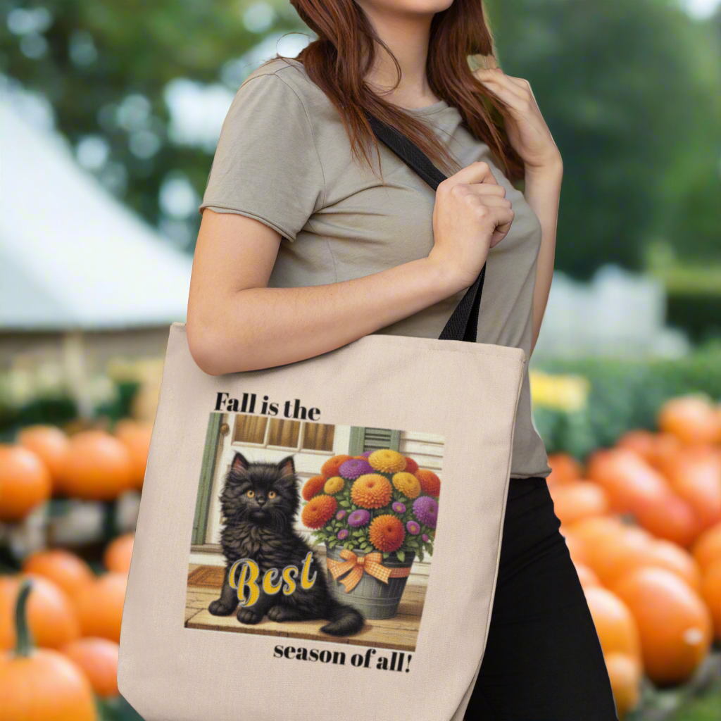 Fall is The Best Black Kitten & Mums Cotton Canvas Tote