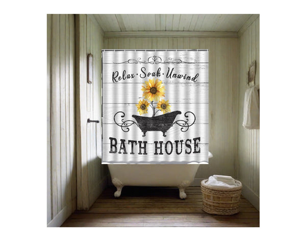 Country Sunflower Bath House Barn Wood Rustic Image Shower Curtain with Hooks