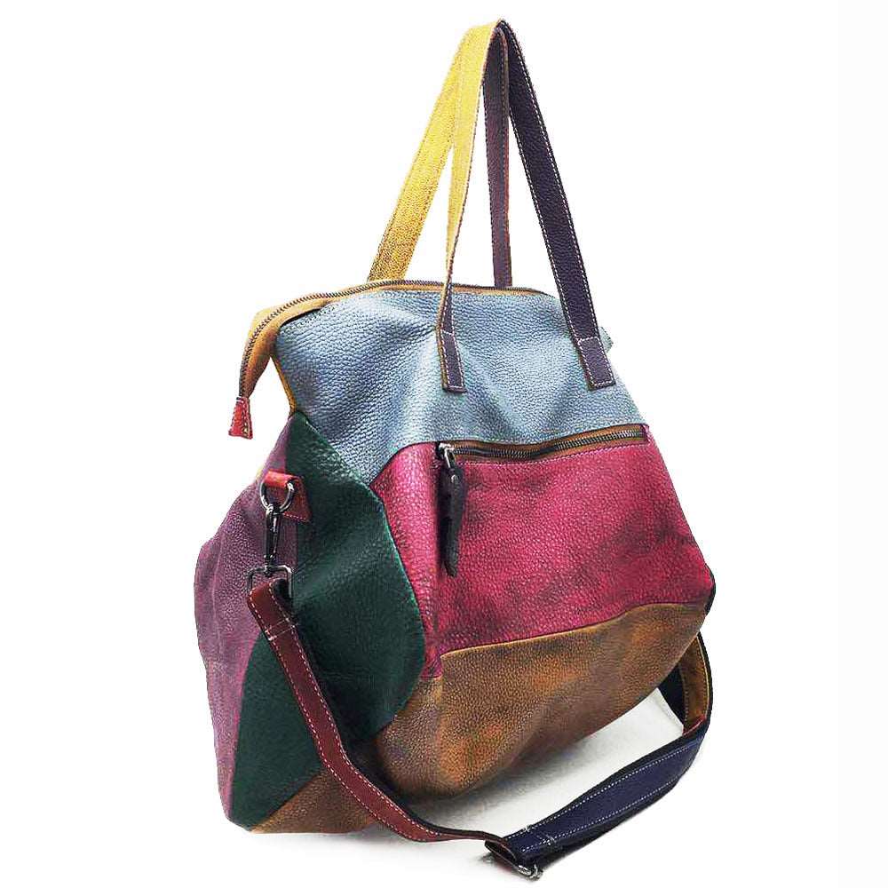 Genuine Leather Colorful Patchwork Slouchy Tote