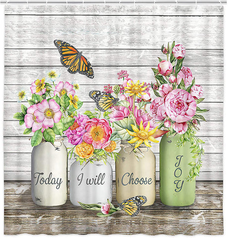 Choose Joy Rustic Image Country Flowers in Jars, Butterflies Shower Curtain with Hooks