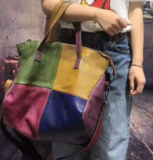 Genuine Leather Colorful Patchwork Slouchy Tote