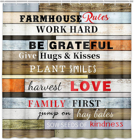 Farmhouse Rules on Wooden Planks Rustic Image Country Shower Curtain with Hooks