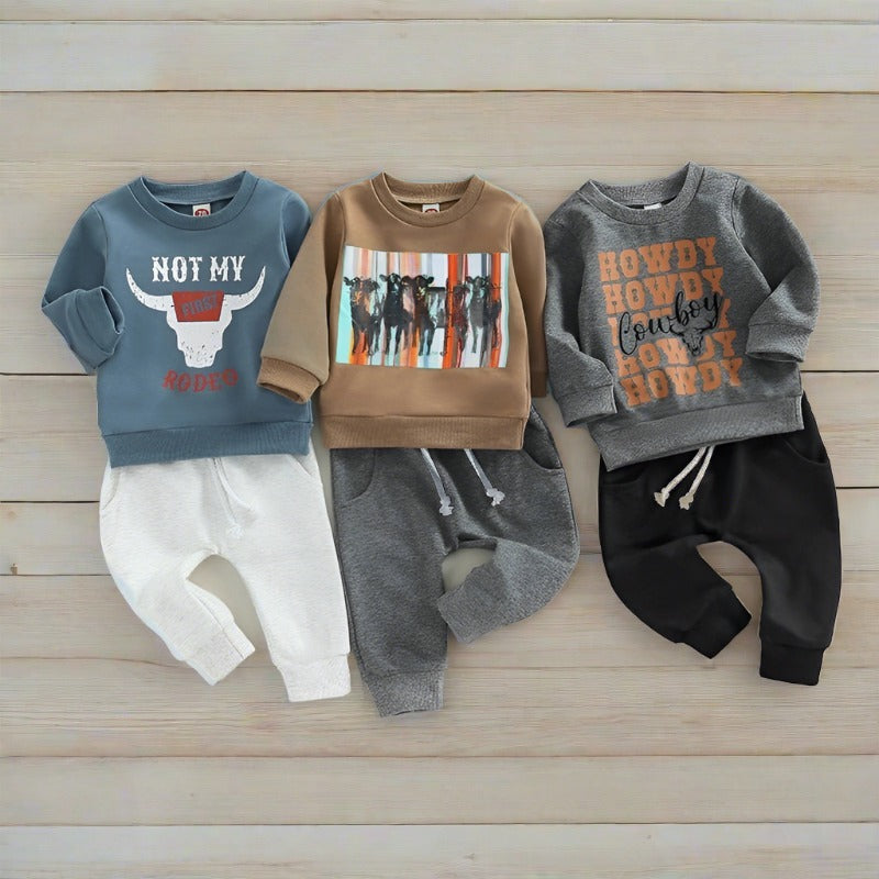 Rowdy Rodeo Country Kid Cow-themed Western-style Sweatshirt and Pants Set