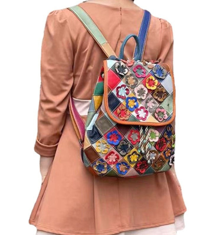 Genuine Leather Floral Patchwork Backpack