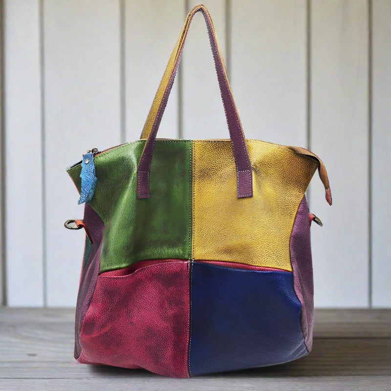 Genuine Leather Colorful Patchwork Slouchy Tote