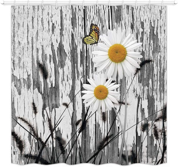 Country Daisies with Butterfly Country Scene Shower Curtain with Hooks