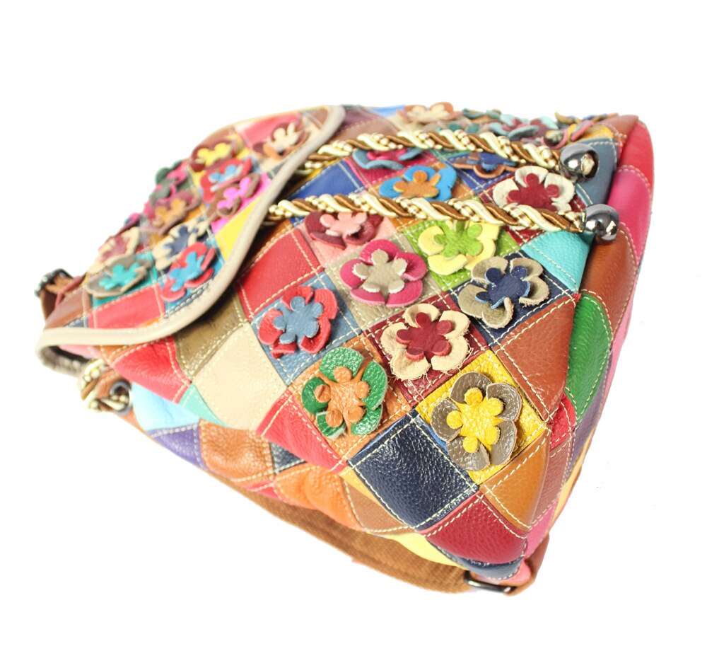 Genuine Leather Colorful Patchwork with Flowers Backpack, Bookbag