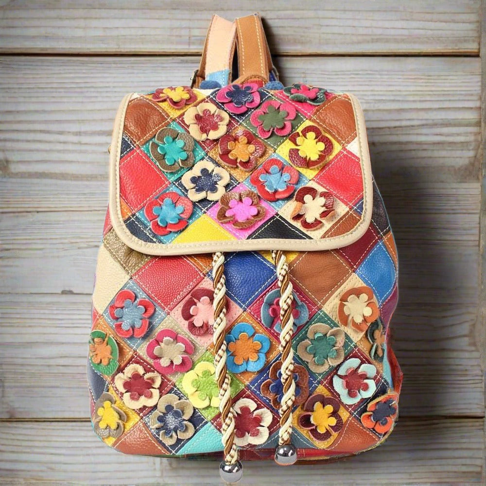 Genuine Leather Colorful Patchwork with Flowers Backpack, Bookbag