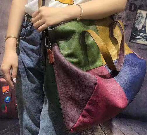 Genuine Leather Colorful Patchwork Slouchy Tote