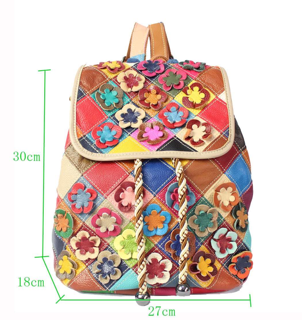 Genuine Leather Colorful Patchwork with Flowers Backpack, Bookbag