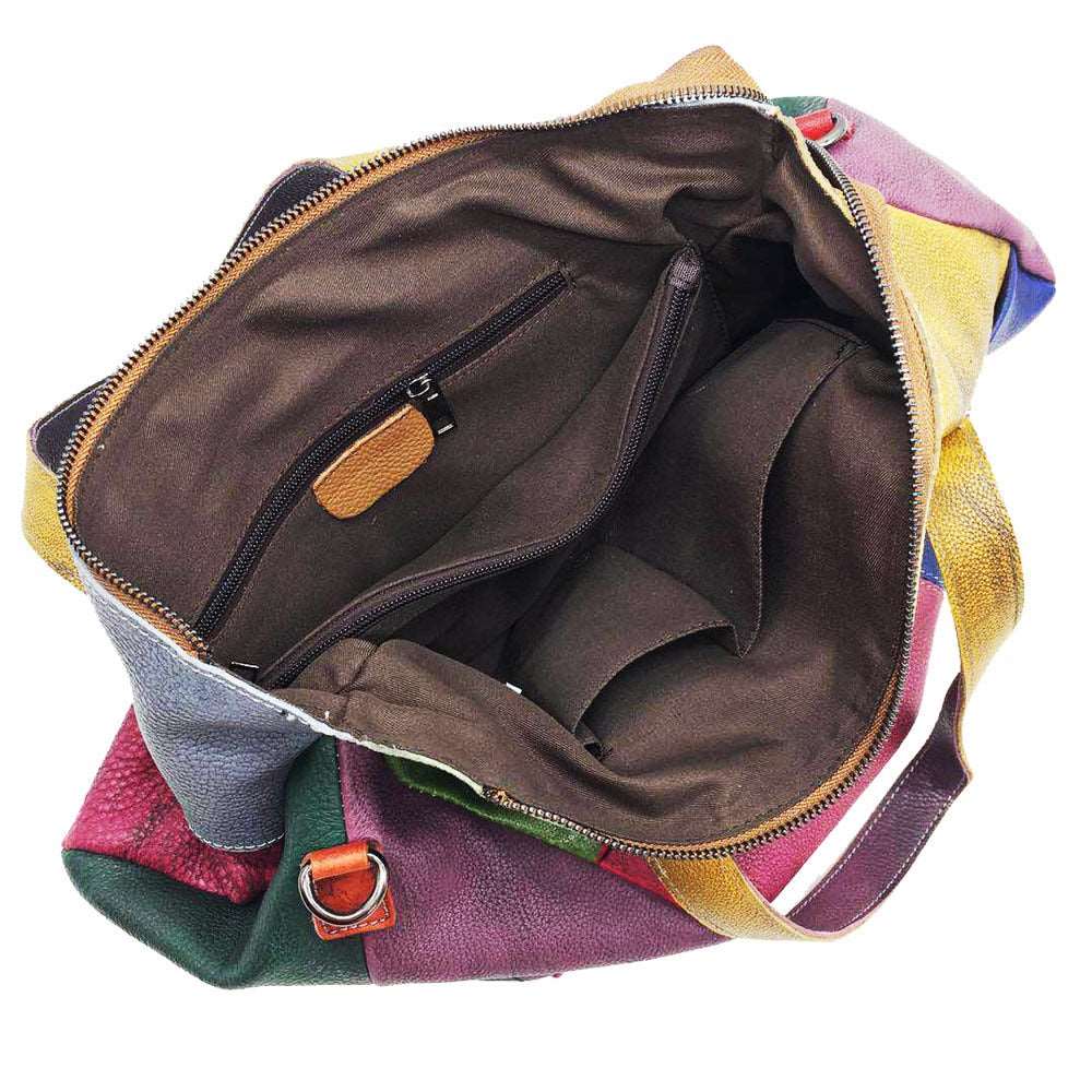 Genuine Leather Colorful Patchwork Slouchy Tote