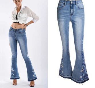 Seventies Chic Embroidered Button-Fly Bell-bottom Stretch Jeans