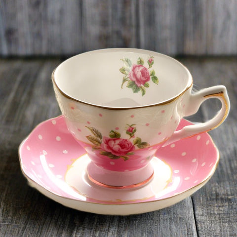 Pink polka dotw iwith roses coffee tea cup