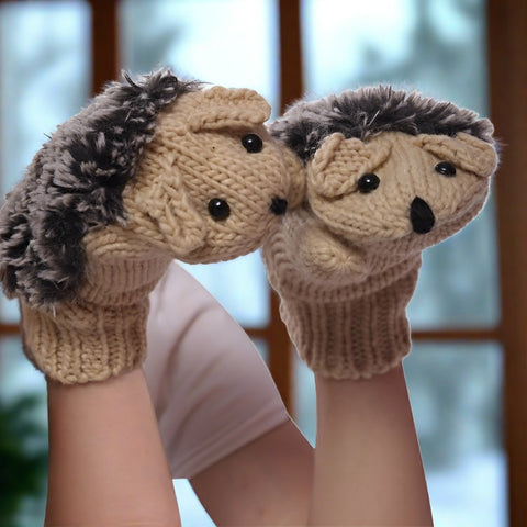 Beige w dark brown country-cute hedgehog mittens