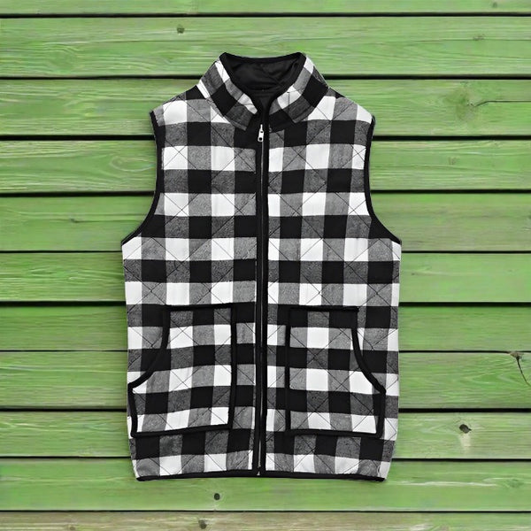 child's black and white plaid quilted vest jacket