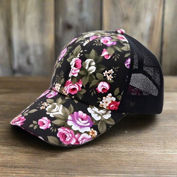 Rosy Roses Flowered Baseball Cap, Trucker Hat Country Floral, Mesh Back