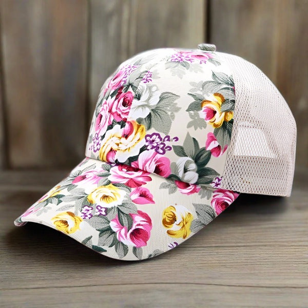 Rosy Roses Flowered Baseball Cap, Trucker Hat Country Floral, Mesh Back